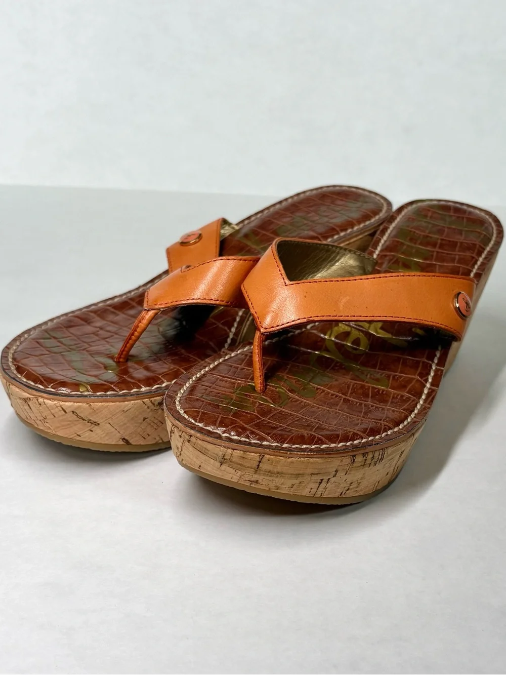 Sam Edelman Romy Croc Print Cork Wedge Thong Sandal US 7.5 Orange
